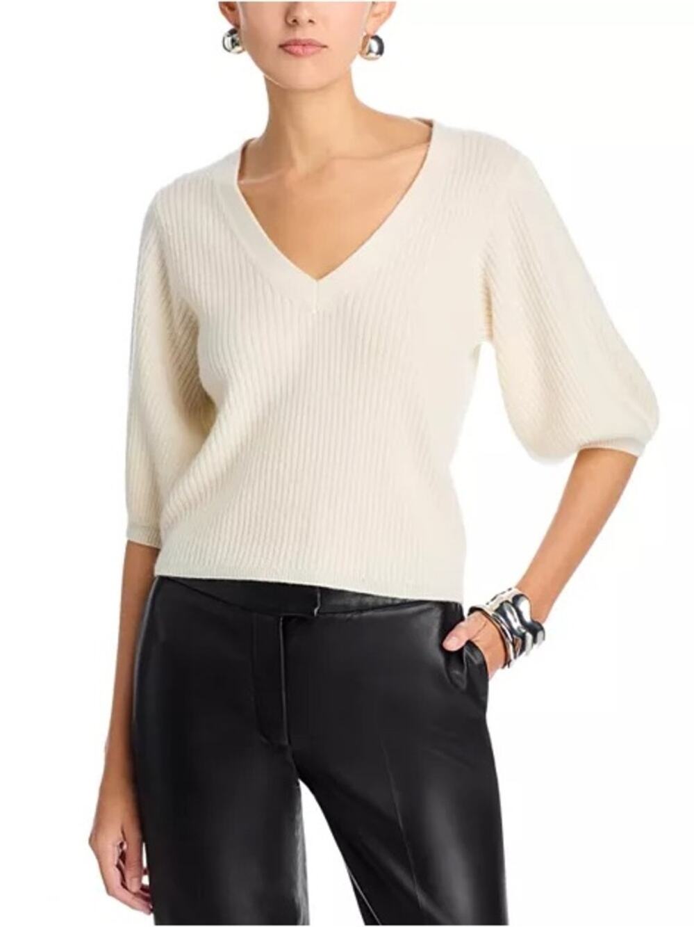 RAMY BROOK $395 Cassidee Cashmere Blend V Neck Sweater Ivory Large EUC